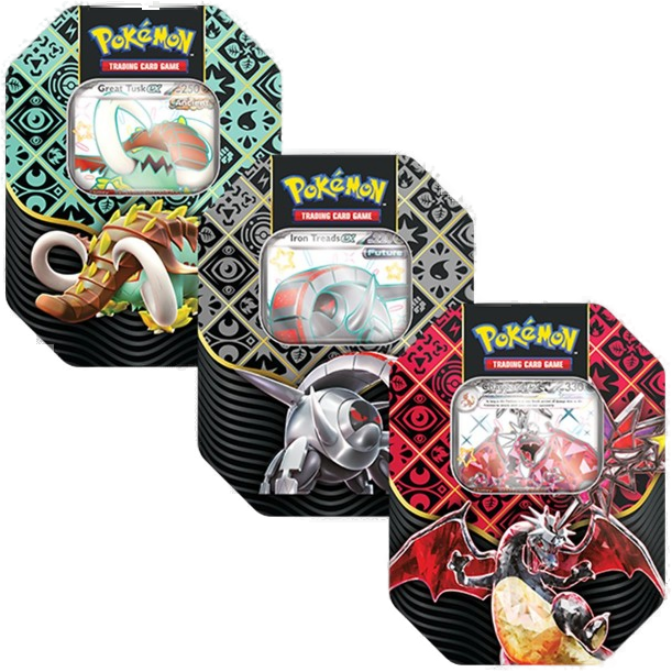 Pokemon TCG: Paldean Fates Tin Great Tusk / Iron Treads / Charizard (one at Random)