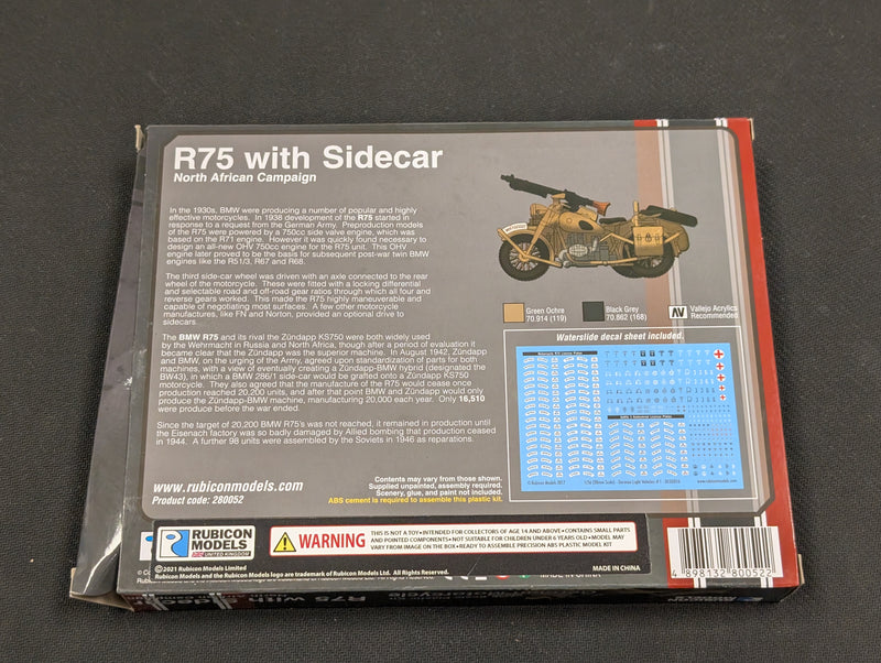Rubicon Models 1/56 German Motorcycle R75 with Sidecar - DAK AV407