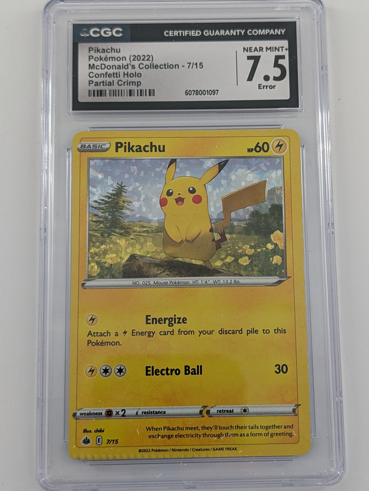 Pokemon Pikachu Holo - CGC 7.5 - McDonalds Collection #7 - Near Mint - Partial Crimp Error